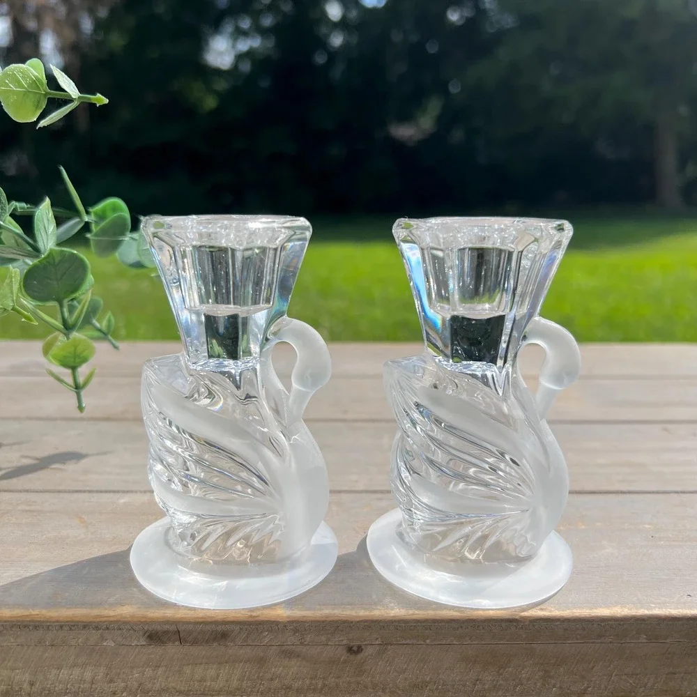 Swan Crystal Frosted Glass Candlestick Holders | Set of 2